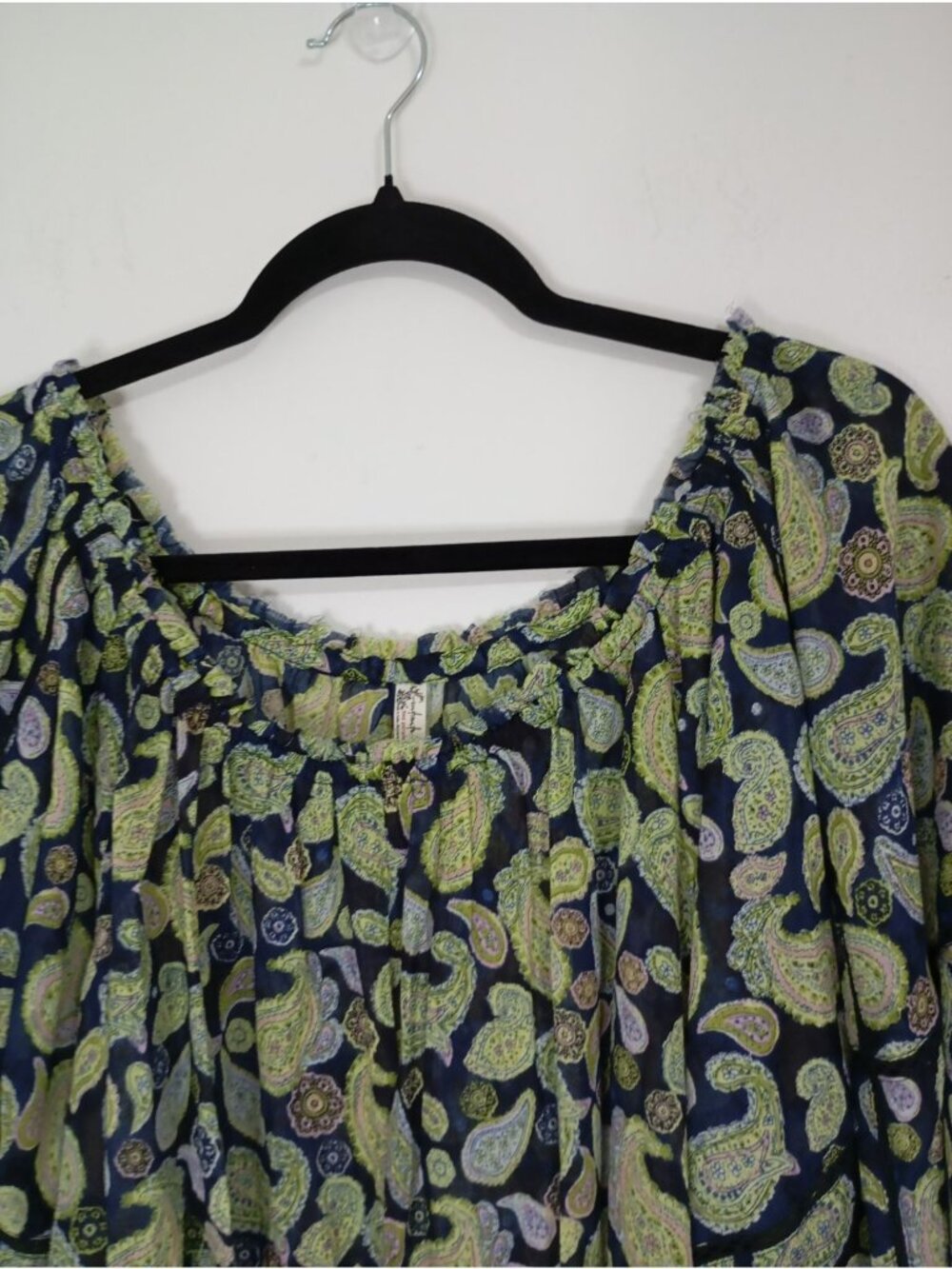 Free People Paisley Print Bodysuit Long Sleeves & Drawstring Cuffs XL Navy Green - Picture 4 of 13